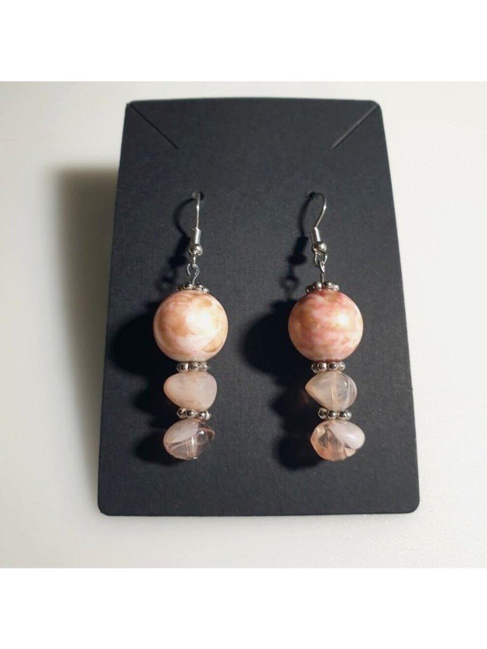 Pink Marble Beaded Dangle Earrings Lightweight Hook Style Handmade Jewelry Gift